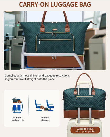 Weekender Bags for Women, Travel Tote Duffle Bag Carry On Overnight Bag with Cosmetics Bag and Crossbody Purse for Gym Hospital, Gifts for Women, Beige Brown