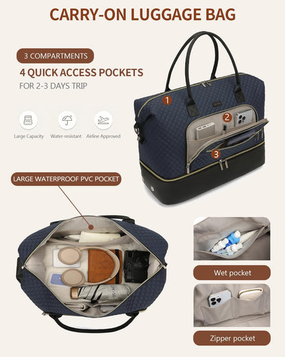 Weekender Bags for Women, Travel Tote Duffle Bag Carry On Overnight Bag with Cosmetics Bag and Crossbody Purse for Gym Hospital, Gifts for Women, Beige Brown