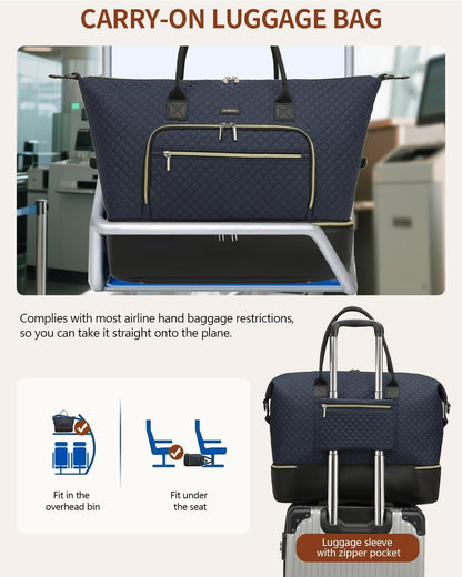 Weekender Bags for Women, Travel Tote Duffle Bag Carry On Overnight Bag with Cosmetics Bag and Crossbody Purse for Gym Hospital, Gifts for Women, Beige Brown