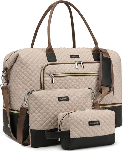 Weekender Bags for Women, Travel Tote Duffle Bag Carry On Overnight Bag with Cosmetics Bag and Crossbody Purse for Gym Hospital, Gifts for Women, Beige Brown