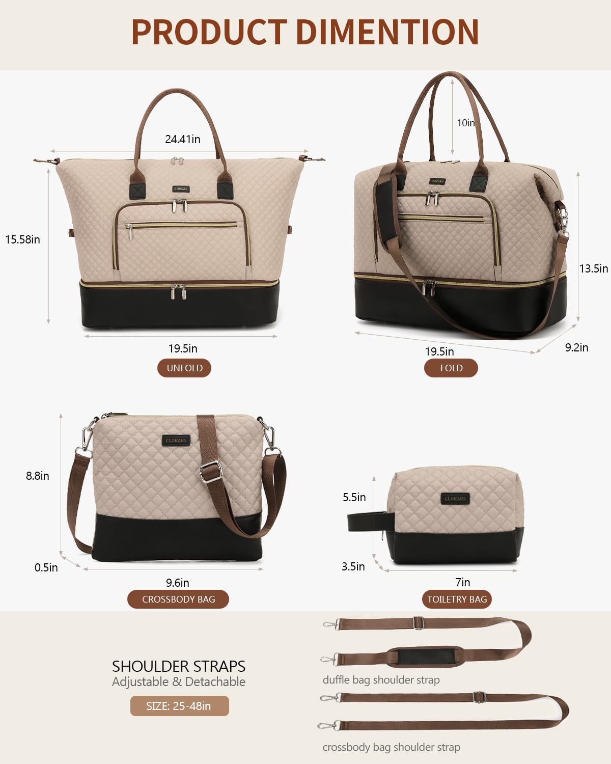 Weekender Bags for Women, Travel Tote Duffle Bag Carry On Overnight Bag with Cosmetics Bag and Crossbody Purse for Gym Hospital, Gifts for Women, Beige Brown