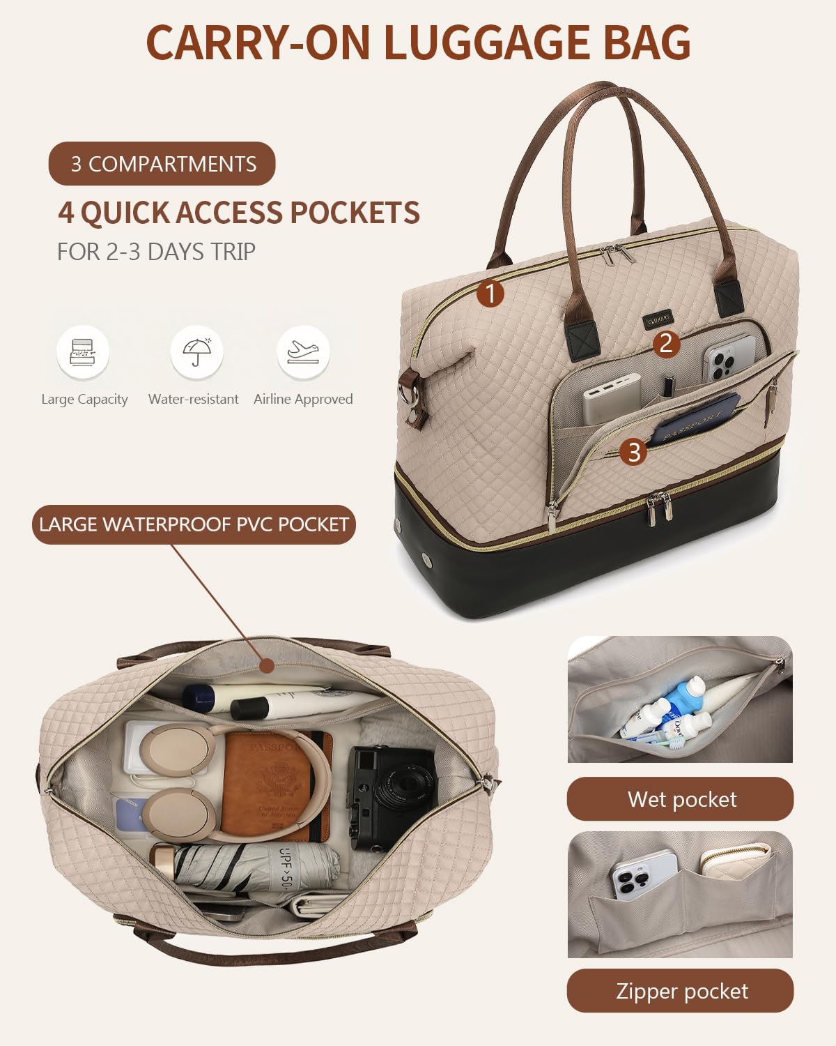 Weekender Bags for Women, Travel Tote Duffle Bag Carry On Overnight Bag with Cosmetics Bag and Crossbody Purse for Gym Hospital, Gifts for Women, Beige Brown