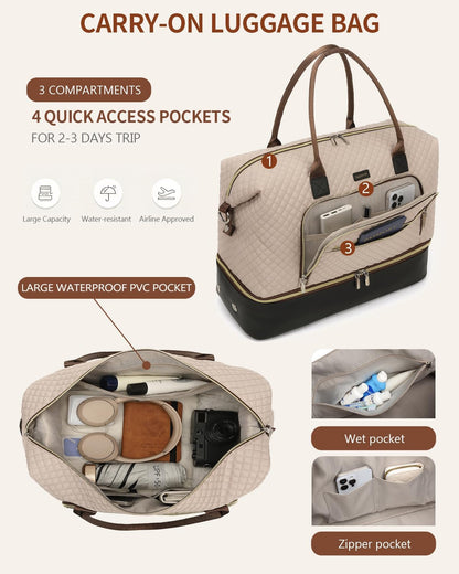 Weekender Bags for Women, Travel Tote Duffle Bag Carry On Overnight Bag with Cosmetics Bag and Crossbody Purse for Gym Hospital, Gifts for Women, Beige Brown