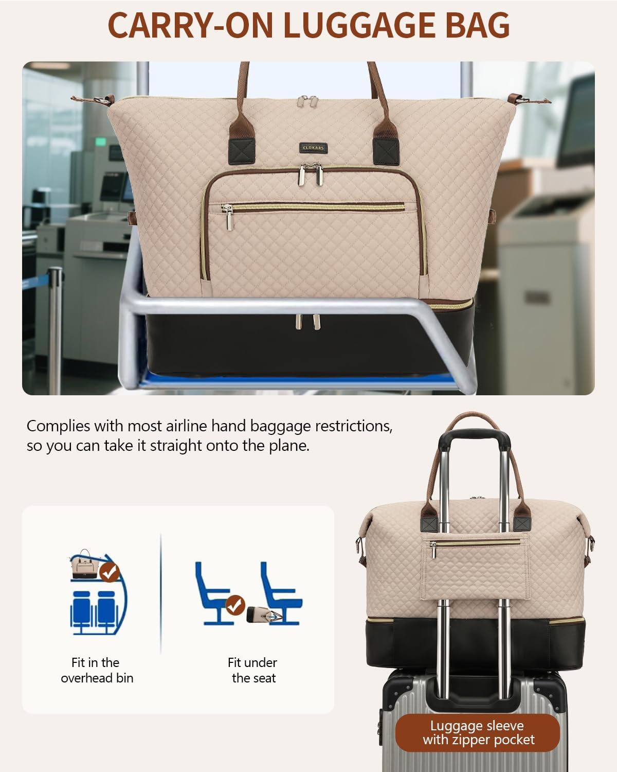Weekender Bags for Women, Travel Tote Duffle Bag Carry On Overnight Bag with Cosmetics Bag and Crossbody Purse for Gym Hospital, Gifts for Women, Beige Brown
