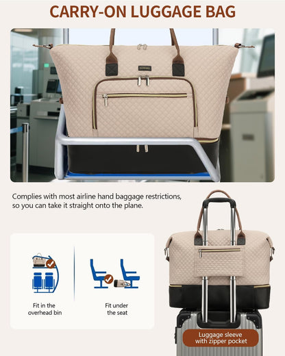 Weekender Bags for Women, Travel Tote Duffle Bag Carry On Overnight Bag with Cosmetics Bag and Crossbody Purse for Gym Hospital, Gifts for Women, Beige Brown