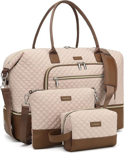Weekender Bags for Women, Travel Tote Duffle Bag Carry On Overnight Bag with Cosmetics Bag and Crossbody Purse for Gym Hospital, Gifts for Women, Beige Brown
