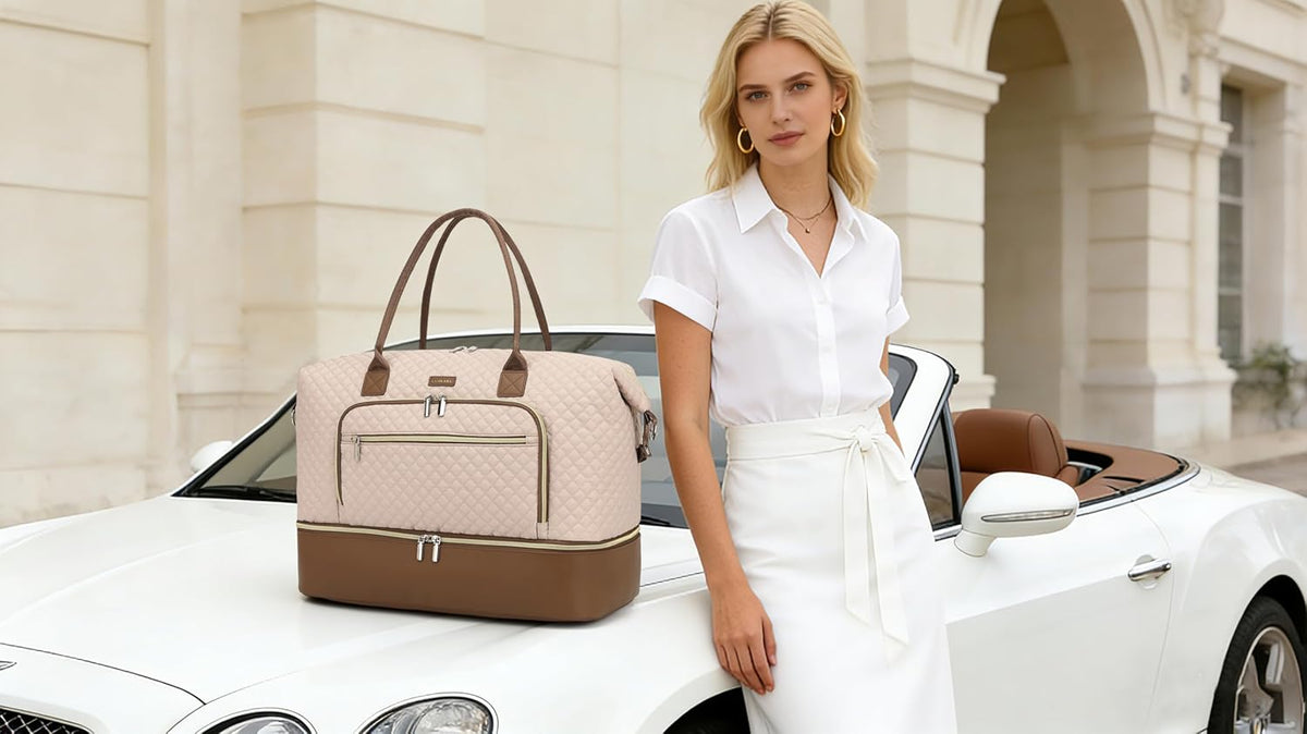 Weekender Bags for Women, Travel Tote Duffle Bag Carry On Overnight Bag with Cosmetics Bag and Crossbody Purse for Gym Hospital, Gifts for Women, Beige Brown