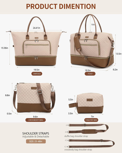 Weekender Bags for Women, Travel Tote Duffle Bag Carry On Overnight Bag with Cosmetics Bag and Crossbody Purse for Gym Hospital, Gifts for Women, Beige Brown