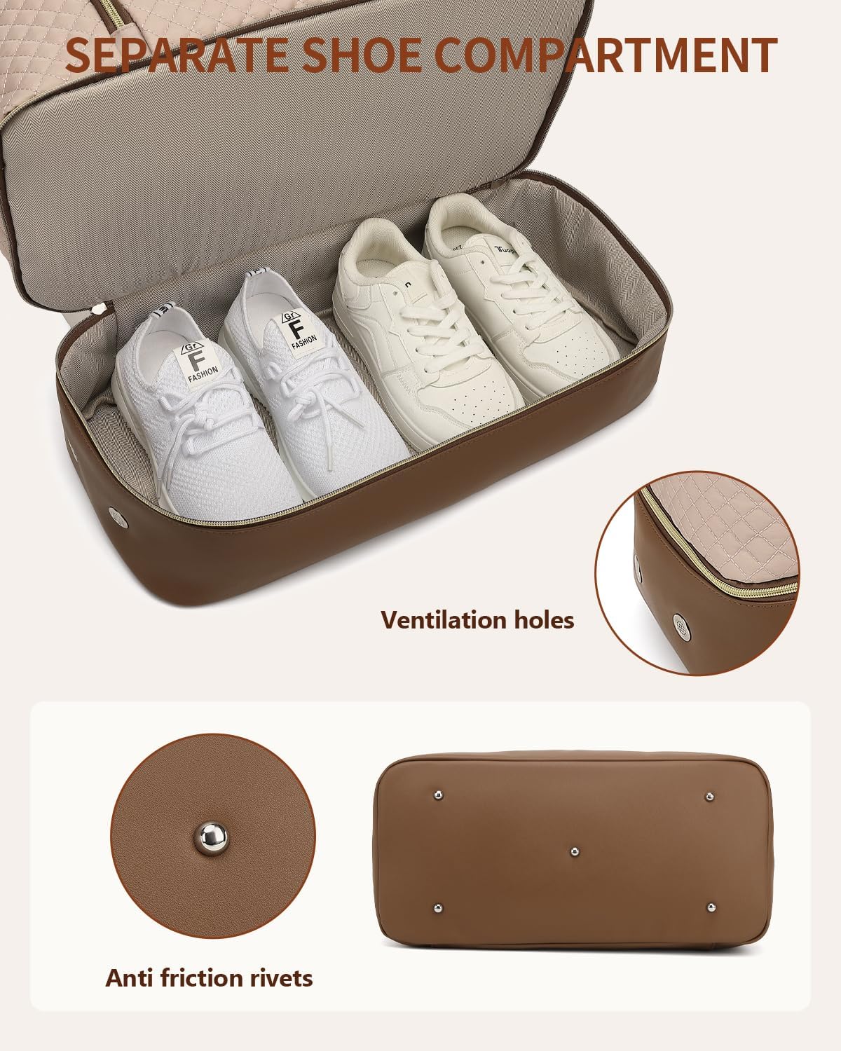 Weekender Bags for Women, Travel Tote Duffle Bag Carry On Overnight Bag with Cosmetics Bag and Crossbody Purse for Gym Hospital, Gifts for Women, Beige Brown