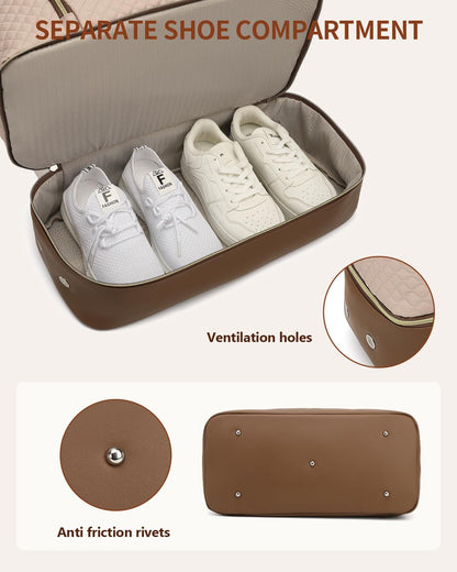 Weekender Bags for Women, Travel Tote Duffle Bag Carry On Overnight Bag with Cosmetics Bag and Crossbody Purse for Gym Hospital, Gifts for Women, Beige Brown