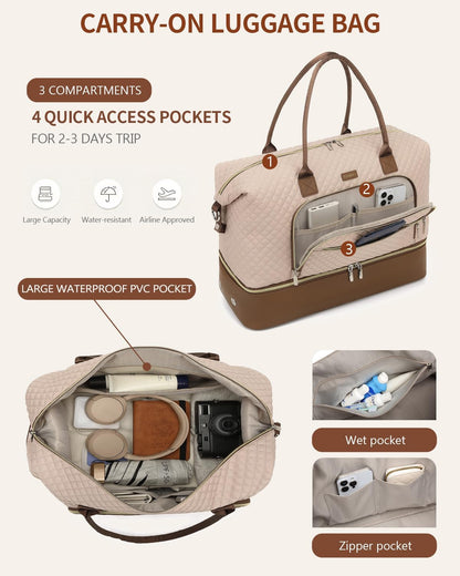 Weekender Bags for Women, Travel Tote Duffle Bag Carry On Overnight Bag with Cosmetics Bag and Crossbody Purse for Gym Hospital, Gifts for Women, Beige Brown