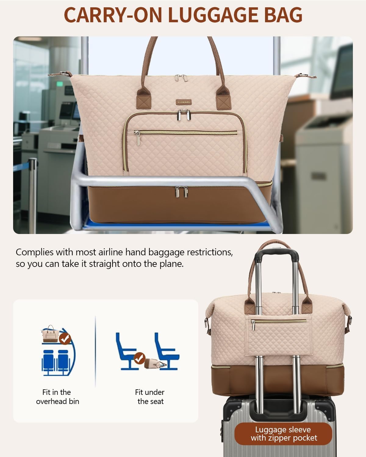 Weekender Bags for Women, Travel Tote Duffle Bag Carry On Overnight Bag with Cosmetics Bag and Crossbody Purse for Gym Hospital, Gifts for Women, Beige Brown