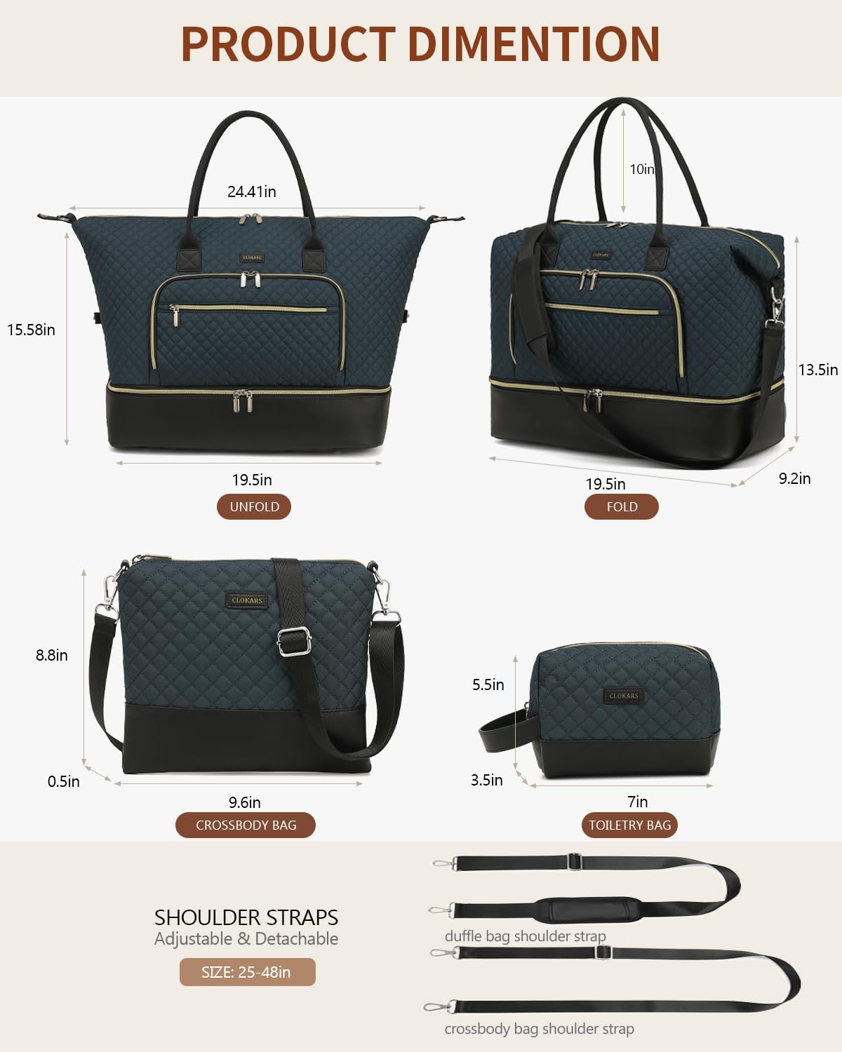 Weekender Bags for Women, Travel Tote Duffle Bag Carry On Overnight Bag with Cosmetics Bag and Crossbody Purse for Gym Hospital, Gifts for Women, Beige Brown