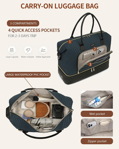 Weekender Bags for Women, Travel Tote Duffle Bag Carry On Overnight Bag with Cosmetics Bag and Crossbody Purse for Gym Hospital, Gifts for Women, Beige Brown