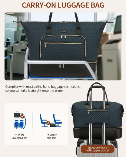 Weekender Bags for Women, Travel Tote Duffle Bag Carry On Overnight Bag with Cosmetics Bag and Crossbody Purse for Gym Hospital, Gifts for Women, Beige Brown