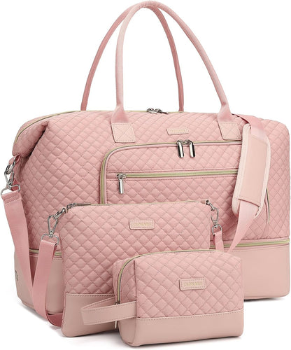 Weekender Bags for Women, Travel Tote Duffle Bag Carry On Overnight Bag with Cosmetics Bag and Crossbody Purse for Gym Hospital, Gifts for Women, Beige Brown
