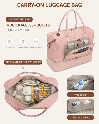 Weekender Bags for Women, Travel Tote Duffle Bag Carry On Overnight Bag with Cosmetics Bag and Crossbody Purse for Gym Hospital, Gifts for Women, Beige Brown