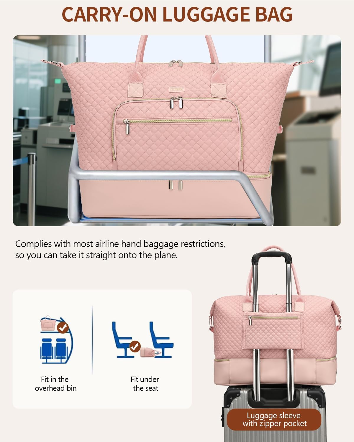 Weekender Bags for Women, Travel Tote Duffle Bag Carry On Overnight Bag with Cosmetics Bag and Crossbody Purse for Gym Hospital, Gifts for Women, Beige Brown