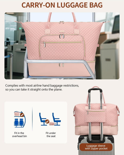 Weekender Bags for Women, Travel Tote Duffle Bag Carry On Overnight Bag with Cosmetics Bag and Crossbody Purse for Gym Hospital, Gifts for Women, Beige Brown