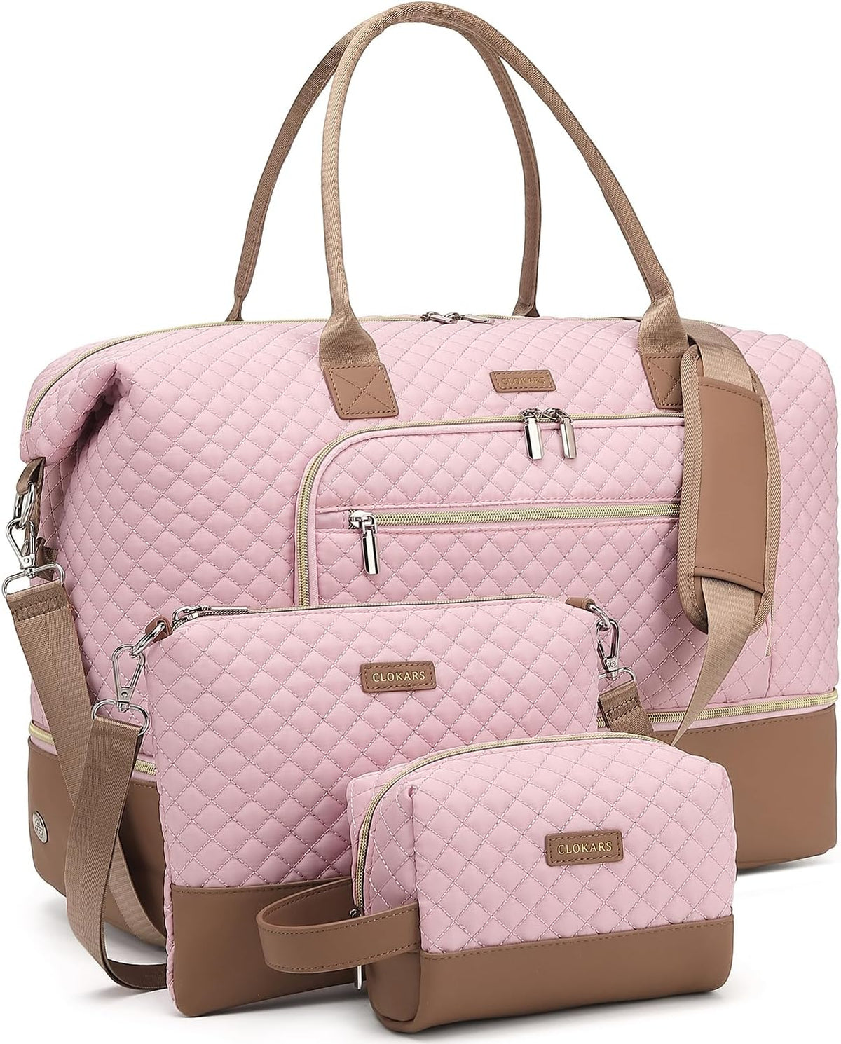 Weekender Bags for Women, Travel Tote Duffle Bag Carry On Overnight Bag with Cosmetics Bag and Crossbody Purse for Gym Hospital, Gifts for Women, Beige Brown