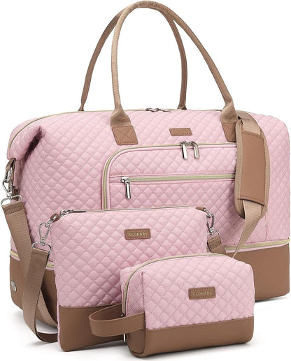 Weekender Bags for Women, Travel Tote Duffle Bag Carry On Overnight Bag with Cosmetics Bag and Crossbody Purse for Gym Hospital, Gifts for Women, Beige Brown