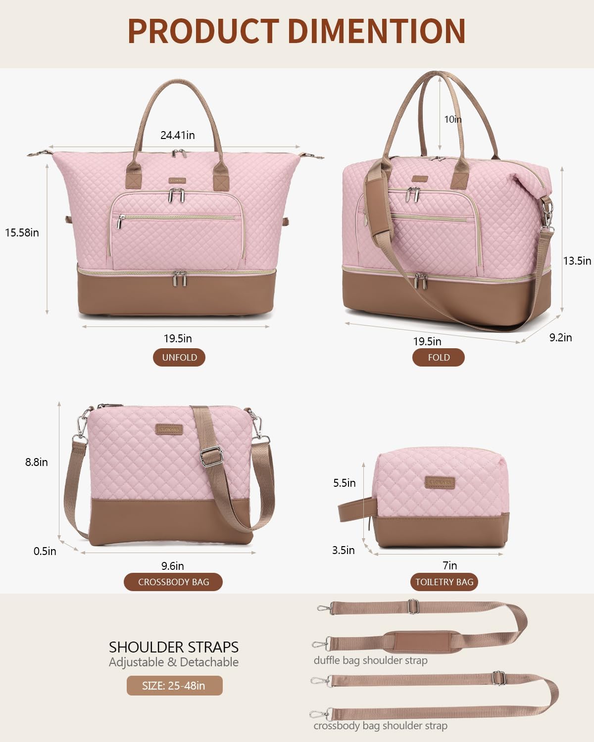 Weekender Bags for Women, Travel Tote Duffle Bag Carry On Overnight Bag with Cosmetics Bag and Crossbody Purse for Gym Hospital, Gifts for Women, Beige Brown