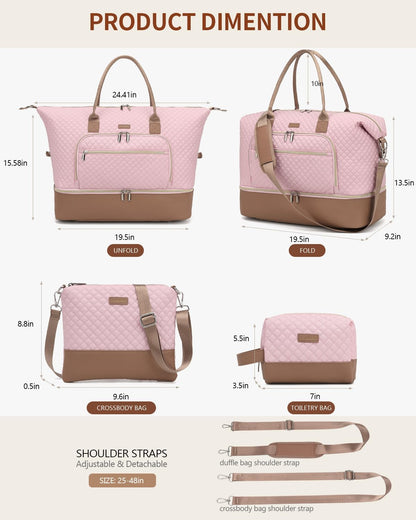 Weekender Bags for Women, Travel Tote Duffle Bag Carry On Overnight Bag with Cosmetics Bag and Crossbody Purse for Gym Hospital, Gifts for Women, Beige Brown
