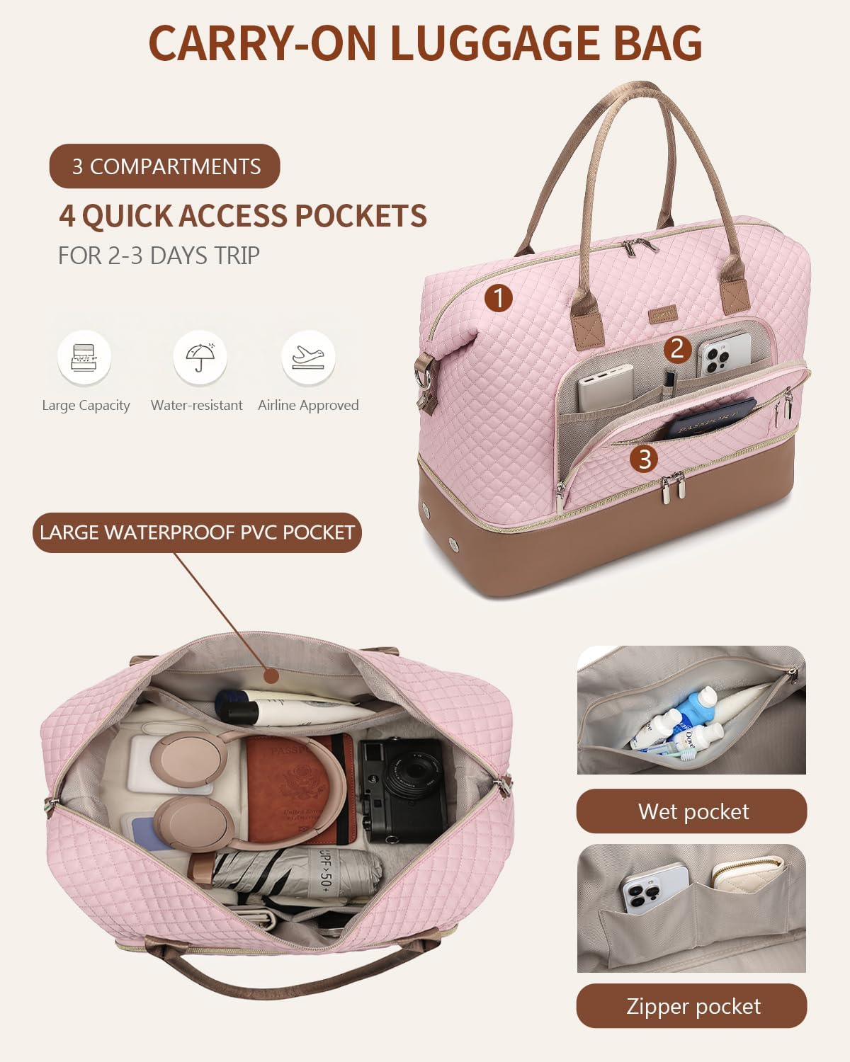 Weekender Bags for Women, Travel Tote Duffle Bag Carry On Overnight Bag with Cosmetics Bag and Crossbody Purse for Gym Hospital, Gifts for Women, Beige Brown