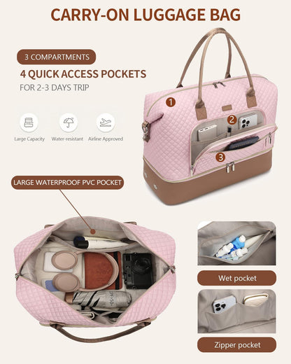 Weekender Bags for Women, Travel Tote Duffle Bag Carry On Overnight Bag with Cosmetics Bag and Crossbody Purse for Gym Hospital, Gifts for Women, Beige Brown