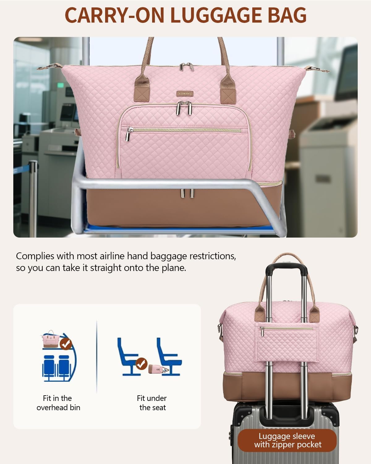 Weekender Bags for Women, Travel Tote Duffle Bag Carry On Overnight Bag with Cosmetics Bag and Crossbody Purse for Gym Hospital, Gifts for Women, Beige Brown