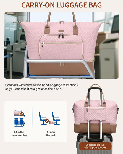 Weekender Bags for Women, Travel Tote Duffle Bag Carry On Overnight Bag with Cosmetics Bag and Crossbody Purse for Gym Hospital, Gifts for Women, Beige Brown
