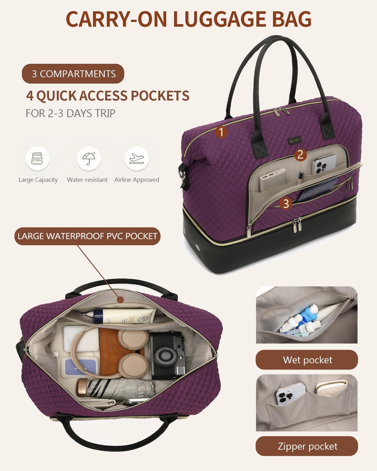 Weekender Bags for Women, Travel Tote Duffle Bag Carry On Overnight Bag with Cosmetics Bag and Crossbody Purse for Gym Hospital, Gifts for Women, Beige Brown