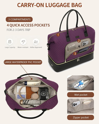 Weekender Bags for Women, Travel Tote Duffle Bag Carry On Overnight Bag with Cosmetics Bag and Crossbody Purse for Gym Hospital, Gifts for Women, Beige Brown