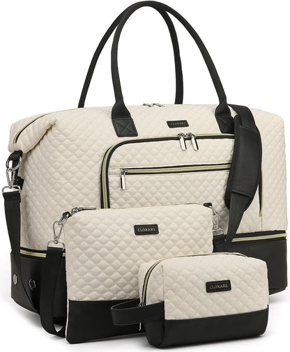 Weekender Bags for Women, Travel Tote Duffle Bag Carry On Overnight Bag with Cosmetics Bag and Crossbody Purse for Gym Hospital, Gifts for Women, Beige Brown