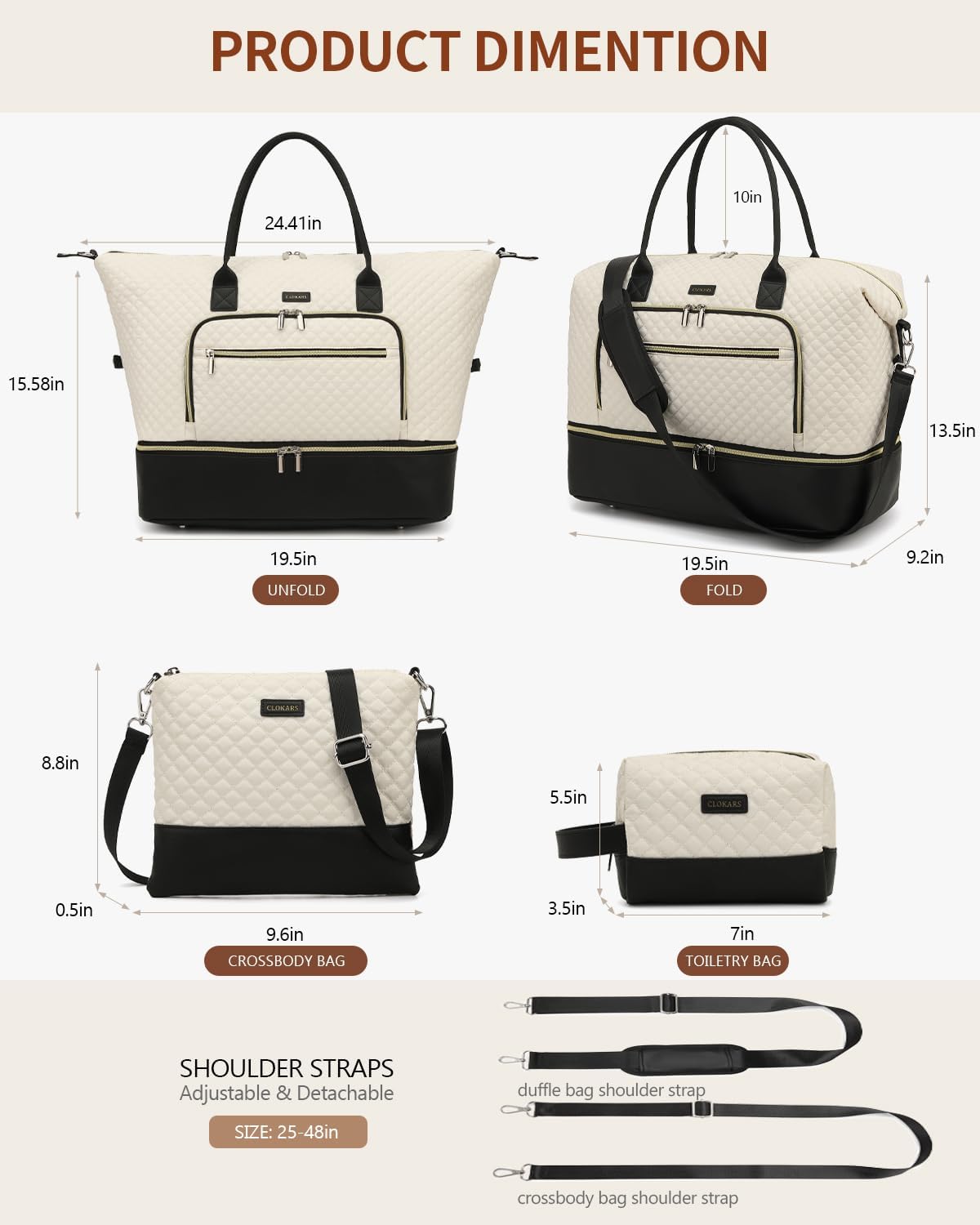 Weekender Bags for Women, Travel Tote Duffle Bag Carry On Overnight Bag with Cosmetics Bag and Crossbody Purse for Gym Hospital, Gifts for Women, Beige Brown