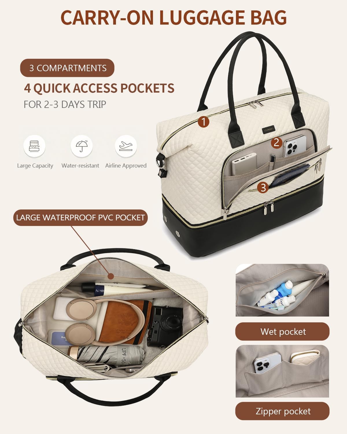 Weekender Bags for Women, Travel Tote Duffle Bag Carry On Overnight Bag with Cosmetics Bag and Crossbody Purse for Gym Hospital, Gifts for Women, Beige Brown