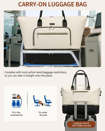 Weekender Bags for Women, Travel Tote Duffle Bag Carry On Overnight Bag with Cosmetics Bag and Crossbody Purse for Gym Hospital, Gifts for Women, Beige Brown