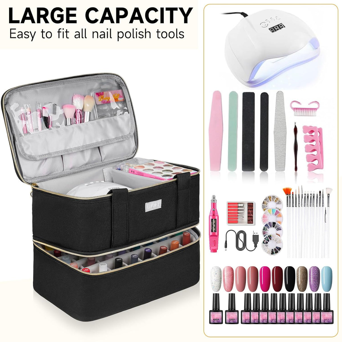 Nail Polish Organizer,Double-Layer Nail Organizers and Storage,Nail Polish Carrying Case for 40 Bottles (15ml-0.5 fl.oz) and Nail Lamp,Portable Nail Polish Holder for Nail Supplies,Mint Green