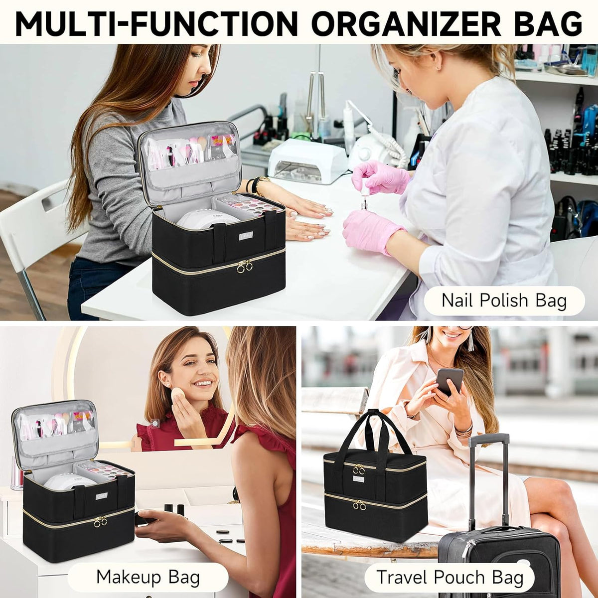 Nail Polish Organizer,Double-Layer Nail Organizers and Storage,Nail Polish Carrying Case for 40 Bottles (15ml-0.5 fl.oz) and Nail Lamp,Portable Nail Polish Holder for Nail Supplies,Mint Green