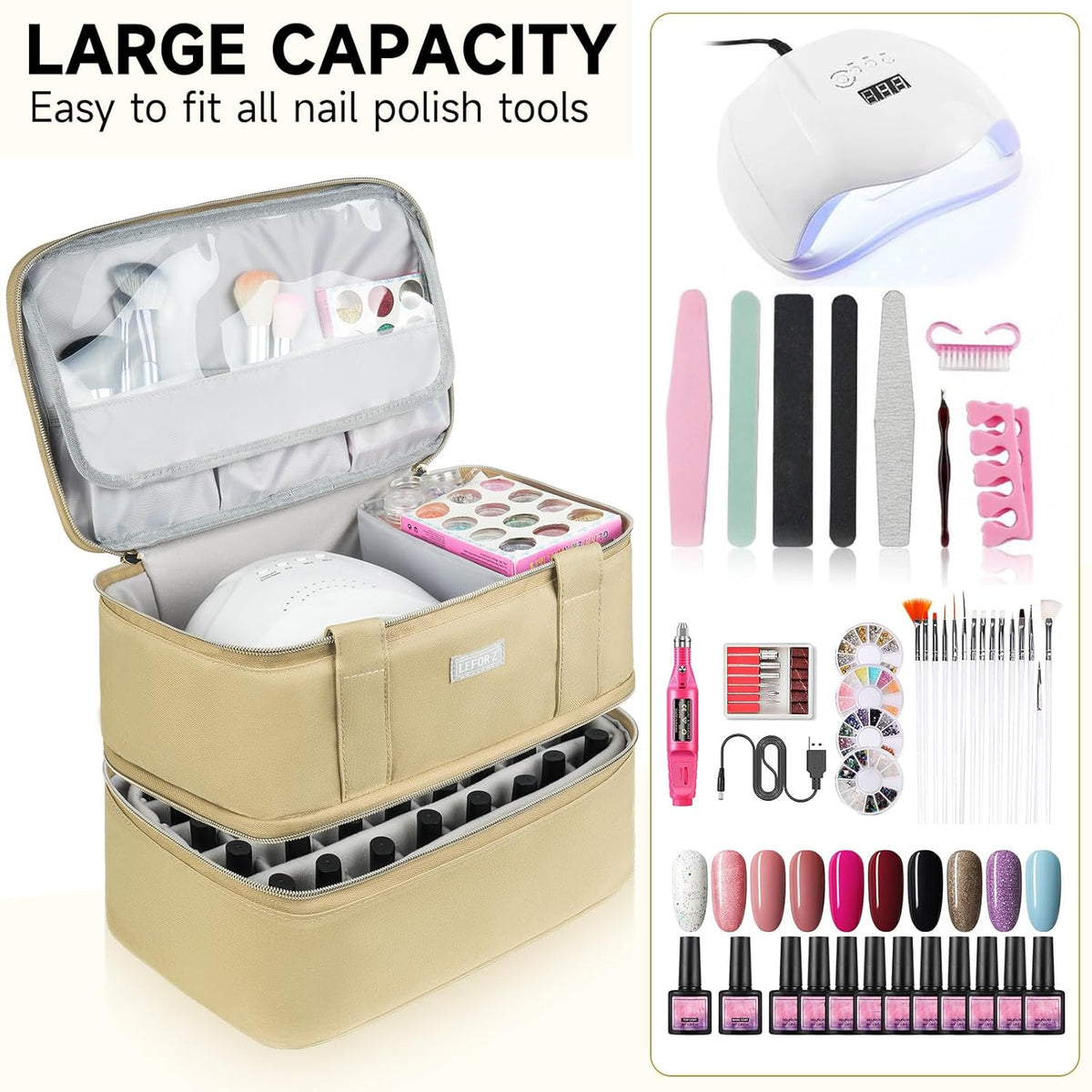 Nail Polish Organizer,Double-Layer Nail Organizers and Storage,Nail Polish Carrying Case for 40 Bottles (15ml-0.5 fl.oz) and Nail Lamp,Portable Nail Polish Holder for Nail Supplies,Mint Green
