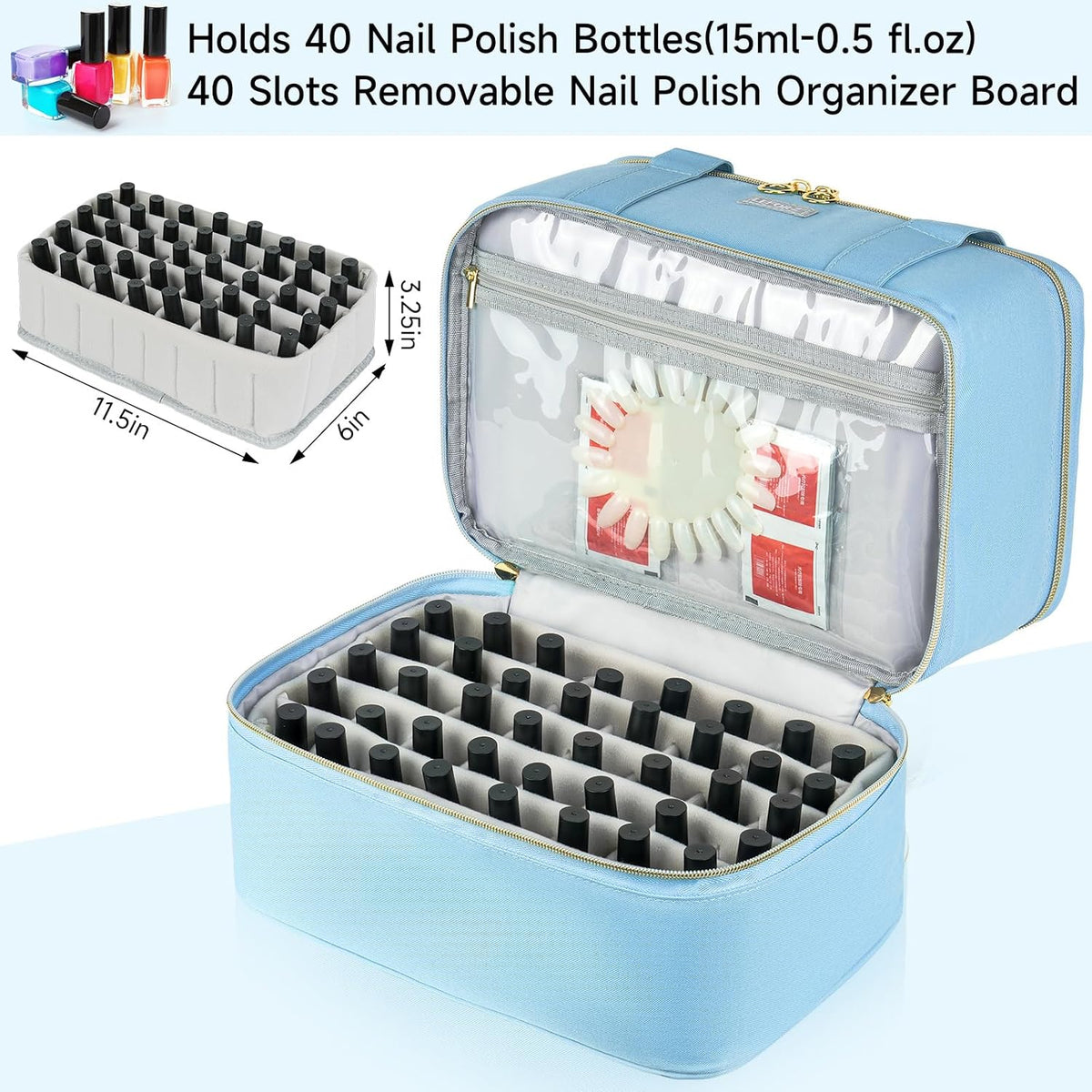 Nail Polish Organizer,Double-Layer Nail Organizers and Storage,Nail Polish Carrying Case for 40 Bottles (15ml-0.5 fl.oz) and Nail Lamp,Portable Nail Polish Holder for Nail Supplies,Mint Green