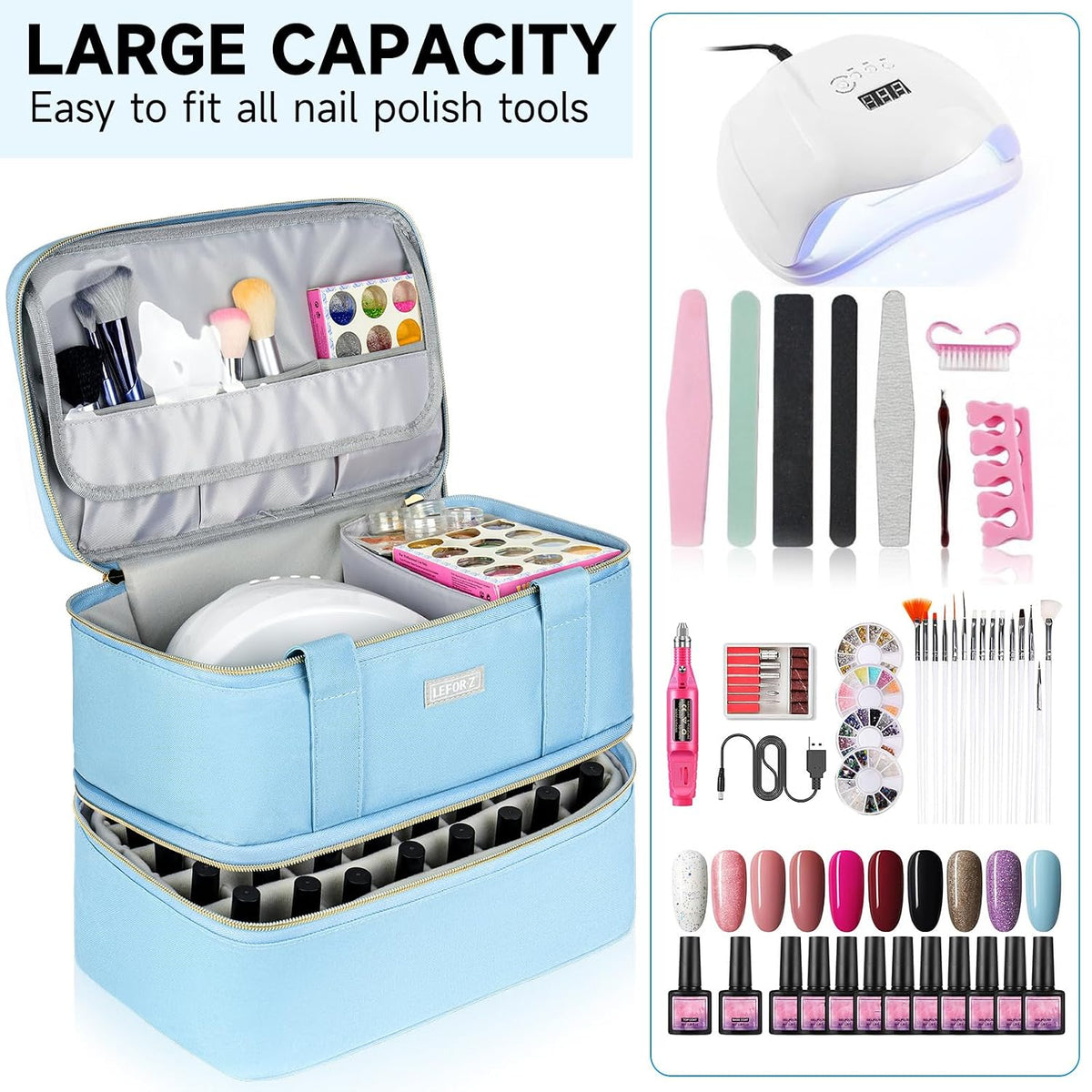 Nail Polish Organizer,Double-Layer Nail Organizers and Storage,Nail Polish Carrying Case for 40 Bottles (15ml-0.5 fl.oz) and Nail Lamp,Portable Nail Polish Holder for Nail Supplies,Mint Green