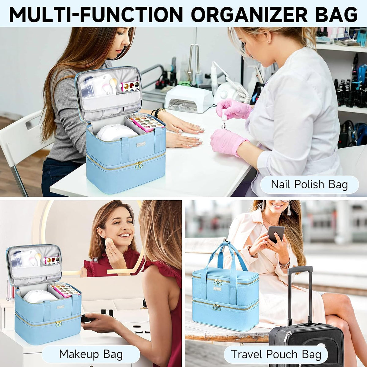 Nail Polish Organizer,Double-Layer Nail Organizers and Storage,Nail Polish Carrying Case for 40 Bottles (15ml-0.5 fl.oz) and Nail Lamp,Portable Nail Polish Holder for Nail Supplies,Mint Green
