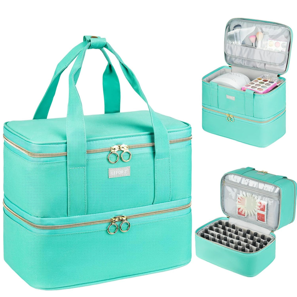 Nail Polish Organizer,Double-Layer Nail Organizers and Storage,Nail Polish Carrying Case for 40 Bottles (15ml-0.5 fl.oz) and Nail Lamp,Portable Nail Polish Holder for Nail Supplies,Mint Green