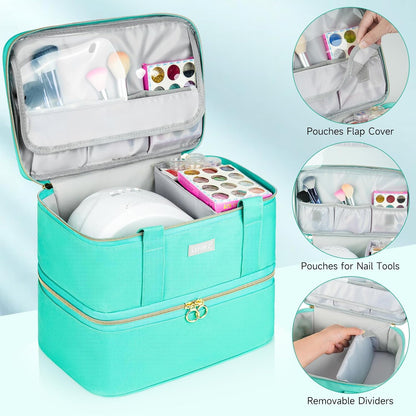 Nail Polish Organizer,Double-Layer Nail Organizers and Storage,Nail Polish Carrying Case for 40 Bottles (15ml-0.5 fl.oz) and Nail Lamp,Portable Nail Polish Holder for Nail Supplies,Mint Green