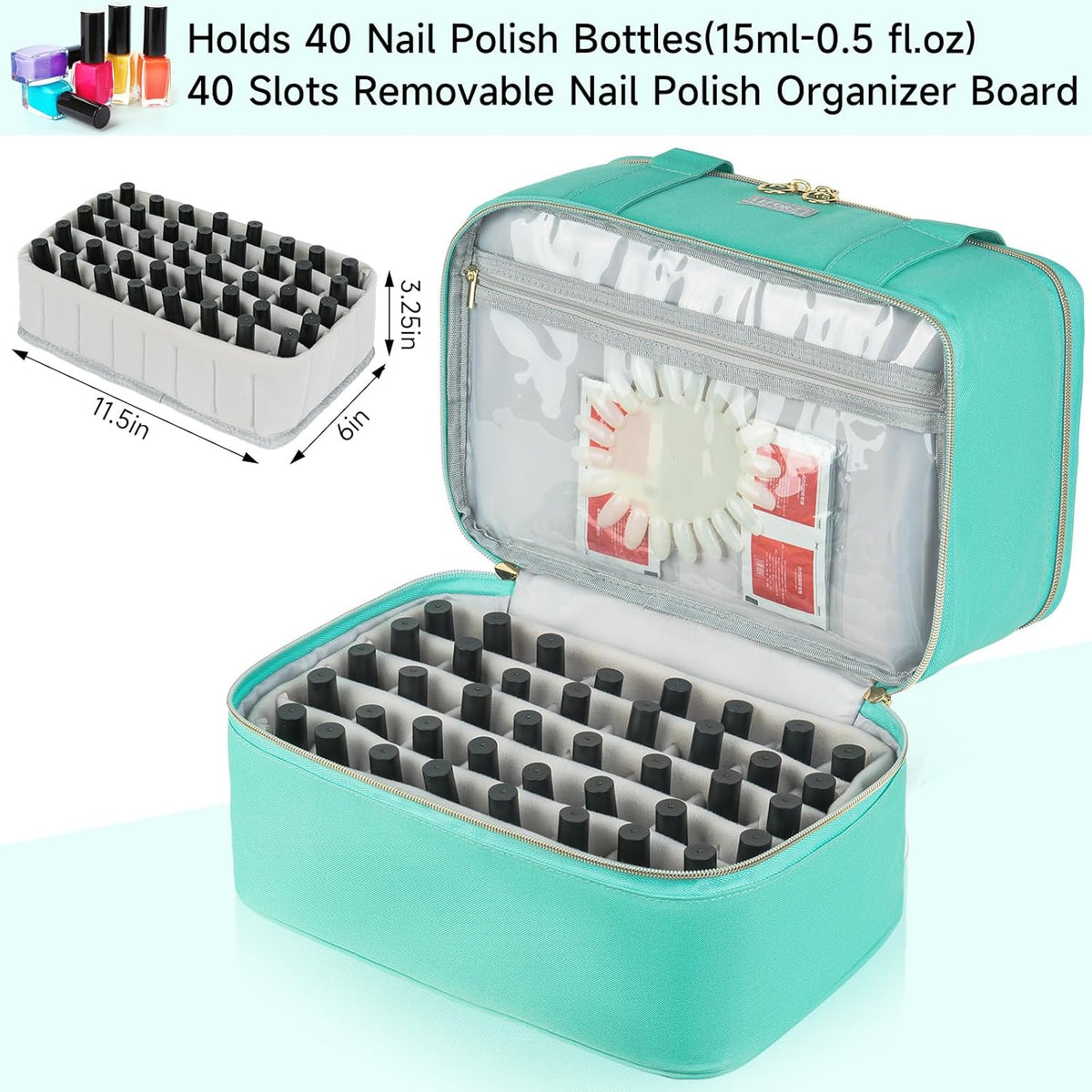 Nail Polish Organizer,Double-Layer Nail Organizers and Storage,Nail Polish Carrying Case for 40 Bottles (15ml-0.5 fl.oz) and Nail Lamp,Portable Nail Polish Holder for Nail Supplies,Mint Green
