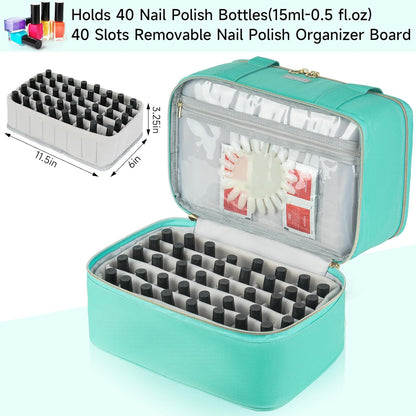 Nail Polish Organizer,Double-Layer Nail Organizers and Storage,Nail Polish Carrying Case for 40 Bottles (15ml-0.5 fl.oz) and Nail Lamp,Portable Nail Polish Holder for Nail Supplies,Mint Green