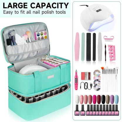 Nail Polish Organizer,Double-Layer Nail Organizers and Storage,Nail Polish Carrying Case for 40 Bottles (15ml-0.5 fl.oz) and Nail Lamp,Portable Nail Polish Holder for Nail Supplies,Mint Green