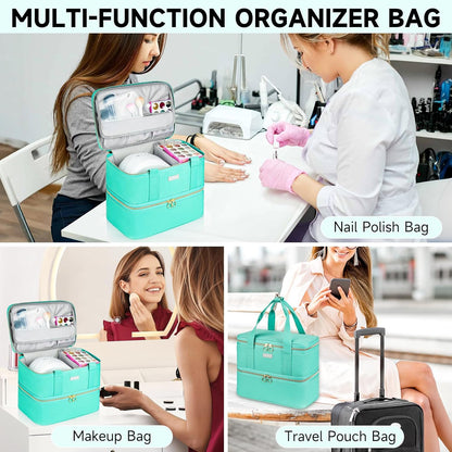 Nail Polish Organizer,Double-Layer Nail Organizers and Storage,Nail Polish Carrying Case for 40 Bottles (15ml-0.5 fl.oz) and Nail Lamp,Portable Nail Polish Holder for Nail Supplies,Mint Green
