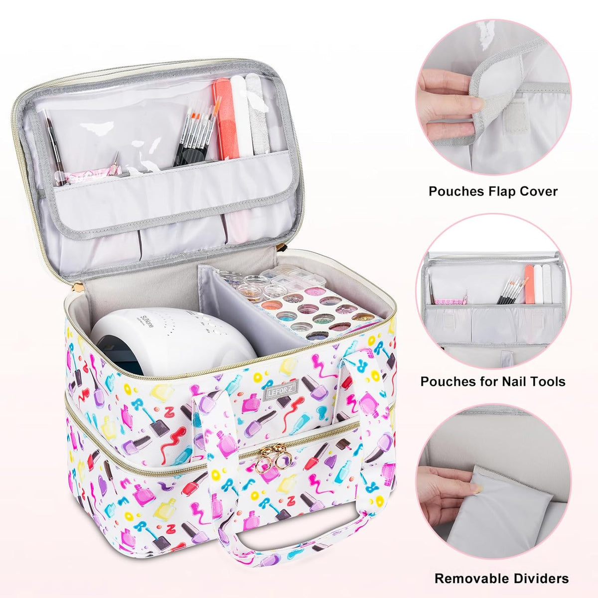 Nail Polish Organizer,Double-Layer Nail Organizers and Storage,Nail Polish Carrying Case for 40 Bottles (15ml-0.5 fl.oz) and Nail Lamp,Portable Nail Polish Holder for Nail Supplies,Mint Green